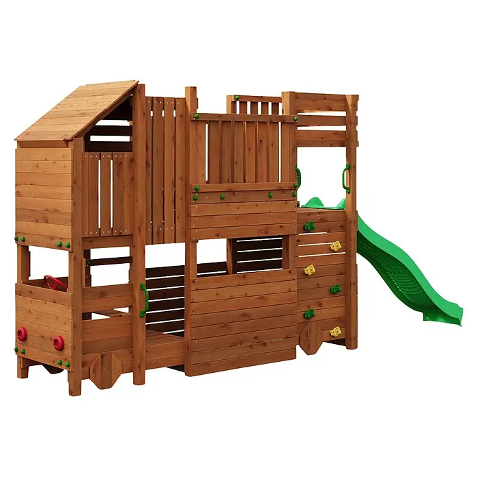 Funky Combo Kinderspielturm Camper - L x B x H: 470 x 80 x 223 cm, Braun - Holzspielturm mit grüner Rutsche und Kletterwand, naturfarben und bunten Akzenten.