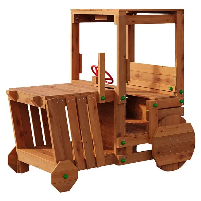 Funky Combo Spielhaus Traktor - L x B x H: 168 x 94 x 155 cm, Braun - Hölzernes Spieltraktor/Baufahrzeug für Kinder, mit rotem Lenkrad und grünen Akzenten.