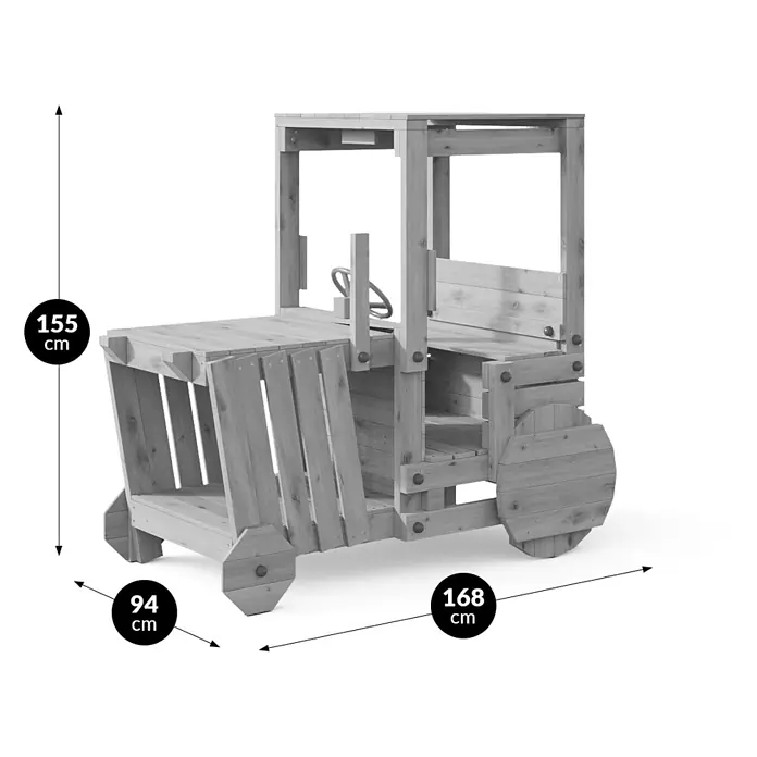 Funky Combo Spielhaus Traktor - L x B x H: 168 x 94 x 155 cm, Braun - Hölzerner Spieltraktor mit Kabine und Lenkrad, Abmessungen 155x94x168 cm (HxBxL).