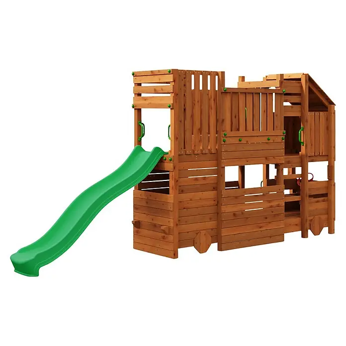 Funky Combo Kinderspielturm Camper - L x B x H: 470 x 80 x 223 cm, Braun - Hölzerner Outdoor-Spielplatz mit grüner Rutsche, Kletterwänden und mehrstufigen Plattformen.