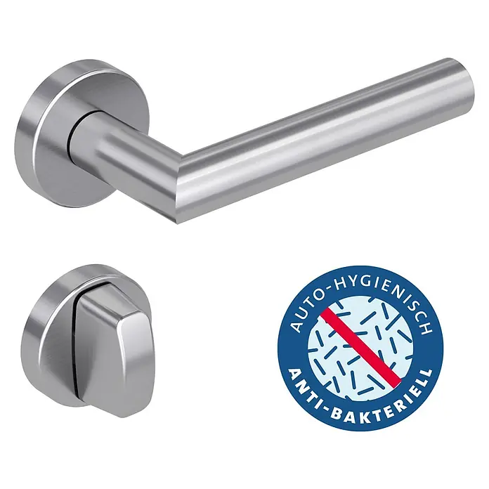 Diamond Doors Modern Drückergarnitur WC L-Form Premium - Stärke Tür: 40 mm - 45 mm, Edelstahl, L-Form, Schlitzkopf/Olive - Set aus gebürstetem Edelstahl Türgriff und Drehknauf, mit antibakteriellem Logo.