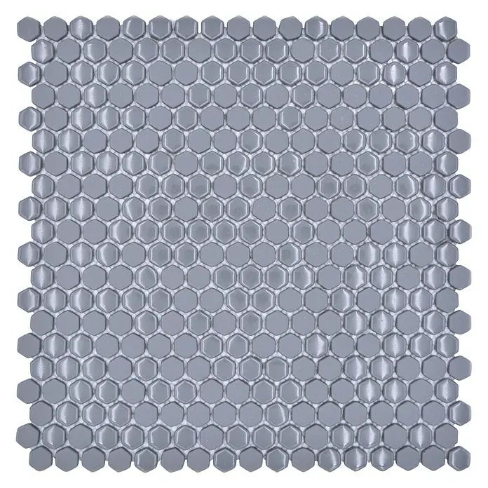 Mosaikfliese Hexagon CUBA HX4GM - 29 x 29,5 cm, Grau, Matt - Nahaufnahme eines Musters aus grauen sechseckigen Mosaikfliesen, ideal für moderne Badezimmer- oder Küchengestaltungen.