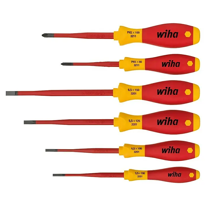 Wiha Schraubendreher-Set SoftFinish Electric slimFix - 6 -tlg. - Satz isolierter Wiha Schraubendreher mit rotem Griff und gelbem Schaft für präzise Schraubarbeiten.