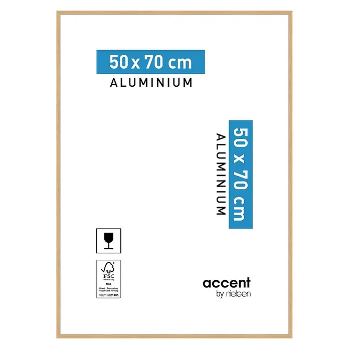 Nielsen Alurahmen Duo - 50 x 70 cm, Eiche - Verpackung für einen 50x70 cm Rahmen aus Aluminium und Mischholz, Marke 'accent by nielsen'.