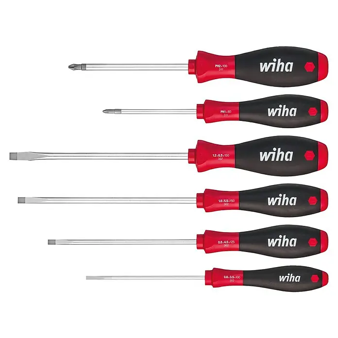 Wiha Schraubendreher-Set SoftFinish - 6 -tlg. - Ein Set Wiha Schraubendreher mit roten und schwarzen Griffen, ideal für präzise Arbeiten und sicheren Halt.