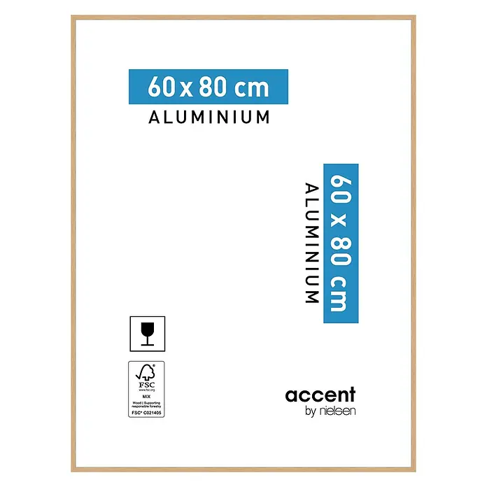 Nielsen Alurahmen Duo - 60 x 80 cm, Eiche - Accent by Nielsen Aluminium-Bilderrahmen 60x80 cm, mit Größen-, Material- und FSC-Zertifizierungsangaben.