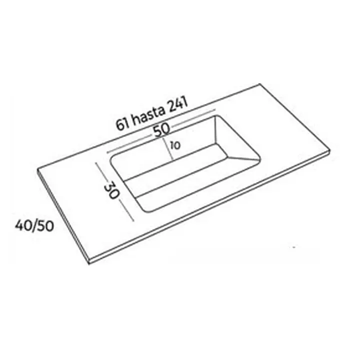 Lavabo Oporto - 80 x 46 cm, Acrílico, Negro - Dibujo técnico acotado de un lavabo rectangular integrado. Muestra profundidad encimera 40/50, seno 30x50 y longitud variable 61-241.