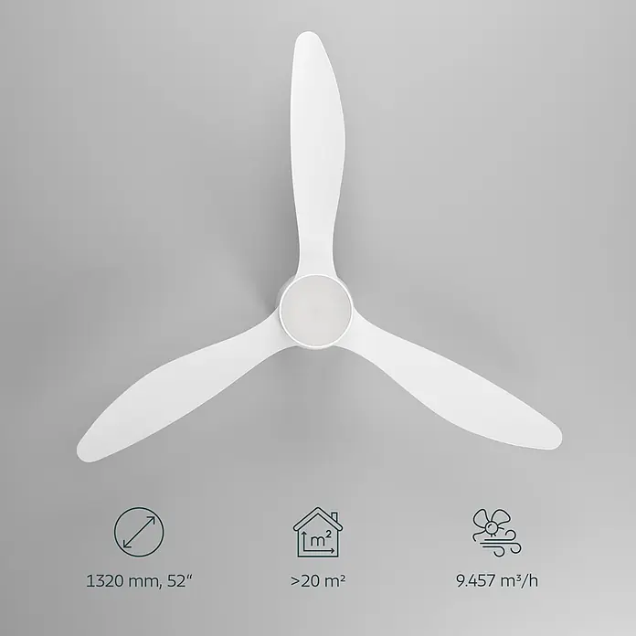 Eglo Deckenventilator Baracarès - 32 W, Durchmesser: 132 cm, Weiß, Mit Leuchtmittel, LED - Weißer 3-Blatt-Deckenventilator mit Spezifikationen: 1320mm (52"), für >20m² Räume, 9.457 m³/h Luftstrom.