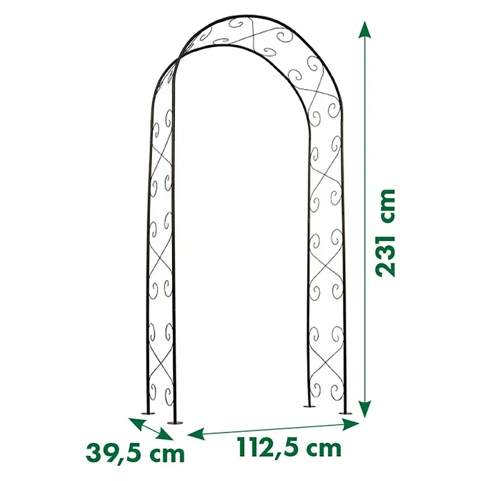 Nature Rosenbogen - Schwarz, Stahl - Dunkler Metall-Gartenbogen mit Zierranken, H 231 cm, B 112,5 cm, T 39,5 cm.