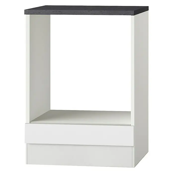 Optifit Oslo Herd-Umbauschrank - 60 x 60 x 84,8 cm, Weiß - Dieses Bild zeigt einen weißen IKEA METOD Hochschrankrahmen mit einer Schublade und einer Arbeitsplatte in Holzoptik, ideal für die Küche.