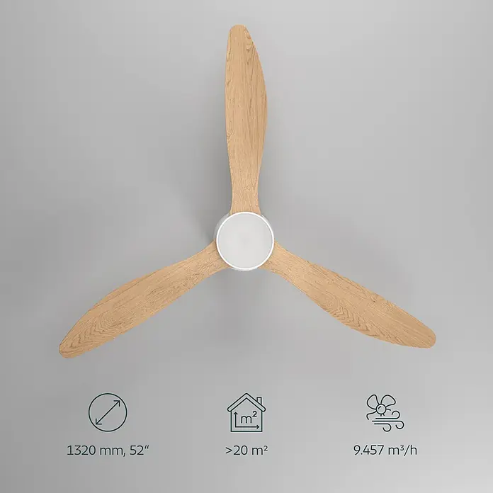 Eglo Deckenventilator Baracarès - 32 W, Durchmesser: 132 cm, Weiß, Eiche, Mit Leuchtmittel, LED - Deckenventilator mit drei hellen Holzflügeln und weißem Mittelteil, 1320 mm Durchmesser, für Räume >20m², Luftstrom 9.457 m³/h.
