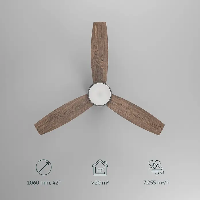 Eglo Deckenventilator MANDAREE - Durchmesser: 106 cm, schwarz / Walnuss, Mit Leuchtmittel, LED - Deckenventilator mit drei dunkelbraunen Holzflügeln und zentraler weißer Leuchte.