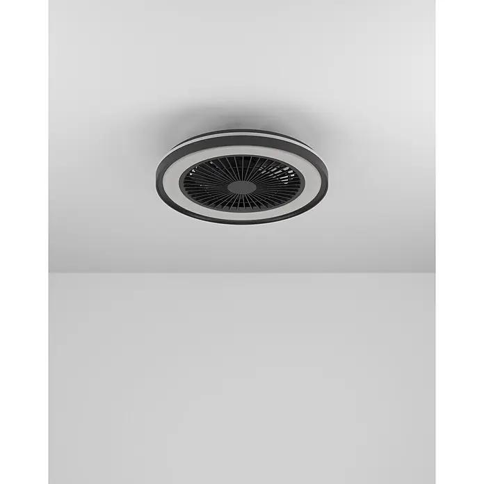 Eglo Deckenventilator SintAndré - Schwarz, 51 cm - Runder, dunkelgrauer Deckenventilator mit integriertem weißen Lichtring und schwarzen Rotorblättern.
