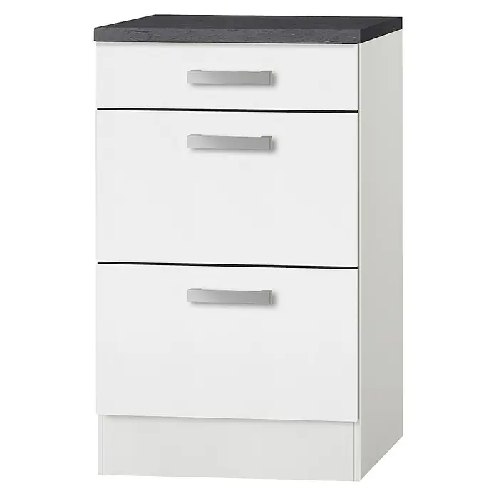 Optifit Oslo Küchen-Unterschrank - 60 x 50 x 84,8 cm, Weiß - Dieses Bild zeigt ein weißes Sideboard mit drei Schubladen und silbernen Griffen, gekrönt von einer dunklen Tischplatte.