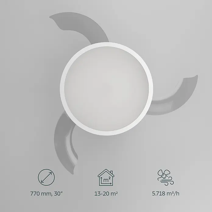 Eglo Deckenventilator Malpica - Weiß, 77 cm - Weißer Deckenventilator mit drei grauen Flügeln, 770mm Durchmesser, für 13-20m² Räume, 5718 m³/h Luftstrom.