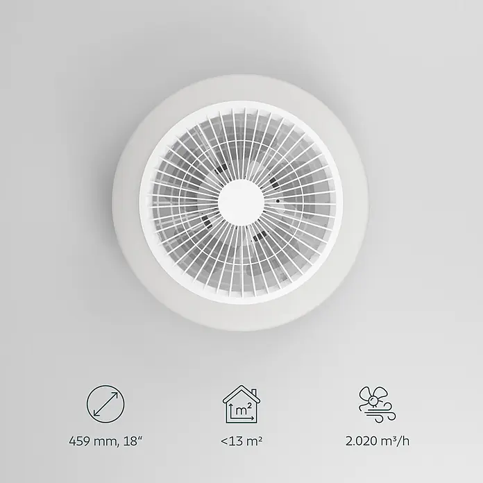 Eglo Deckenventilator Salvador - Weiß, 46 cm, 17,6 W, Warmweiß - Weißer Deckenventilator mit Schutzgitter, zeigt Maße, Raumgröße und Luftstrom an.
