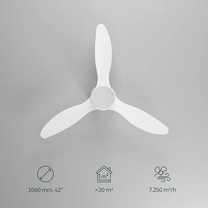 Eglo Deckenventilator Baracarès - Weiß, 106 cm - Weißer dreiflügeliger Deckenventilator mit zentraler Leuchte.