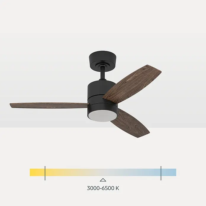 Eglo Deckenventilator MANDAREE - Durchmesser: 106 cm, schwarz / Walnuss, Mit Leuchtmittel, LED - Schwarzer Deckenventilator mit drei dunklen Holzflügeln und integriertem weißen Licht, einstellbar von 3000-6500K.