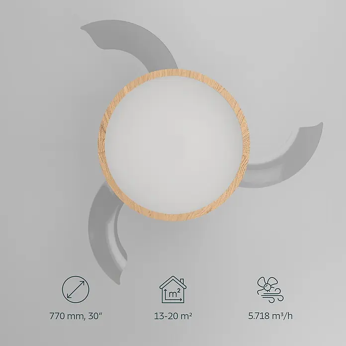Eglo Deckenventilator Malpica - Weiß, Eiche, 77 cm - Moderner Deckenventilator mit runder weißer LED-Leuchte in hellem Holzrahmen und drei hellgrauen Flügeln.