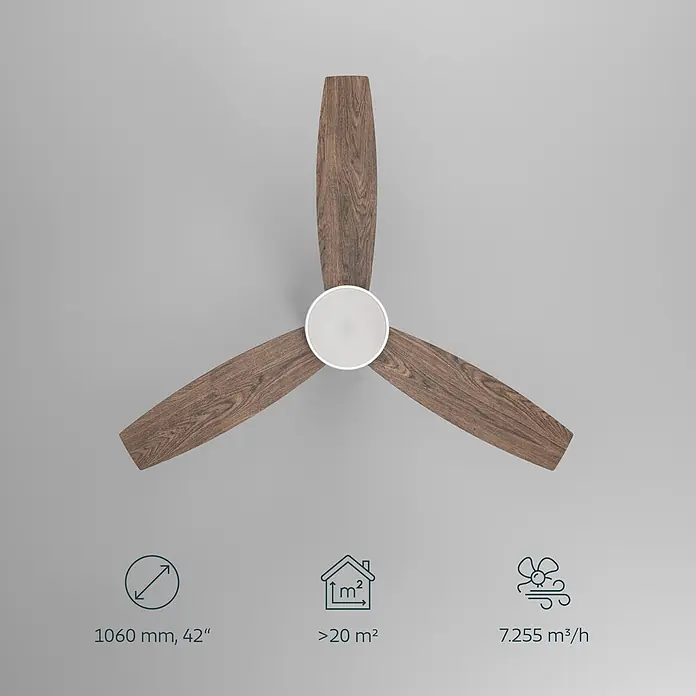 Eglo Deckenventilator MANDAREE - Durchmesser: 106 cm, Weiß, Eiche, Mit Leuchtmittel, LED - Dreiflügeliger Deckenventilator mit dunklen Holzmaserungsblättern und weißer Nabe, 1060mm Durchmesser, für >20m² Räume, 7255 m³/h Luftstrom.