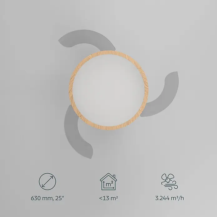 Eglo Deckenventilator Malpica - Weiß, Eiche, 63 cm - Deckenventilator mit Licht, mit Holzrand, weißem Diffusor und drei grauen transparenten Flügeln.