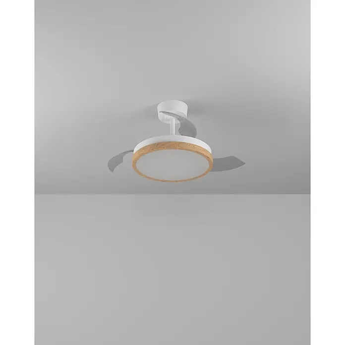 Eglo Deckenventilator Malpica - Weiß, Eiche, 77 cm - Weißer Deckenventilator mit Licht, Naturholzblende und transluzenten Flügeln.