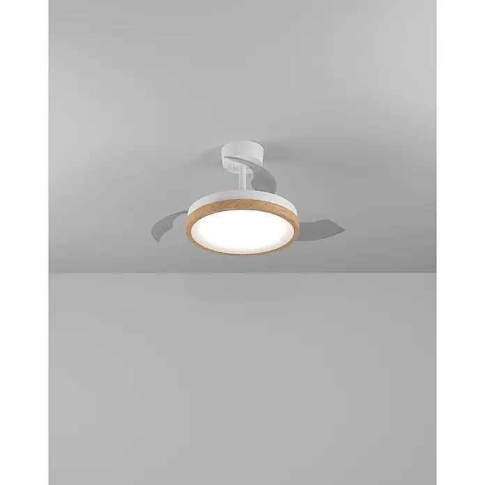 Eglo Deckenventilator Malpica - Weiß, Eiche, 77 cm - Weißer Deckenventilator mit integriertem Licht, Naturholz-Akzent und transparenten Flügeln.