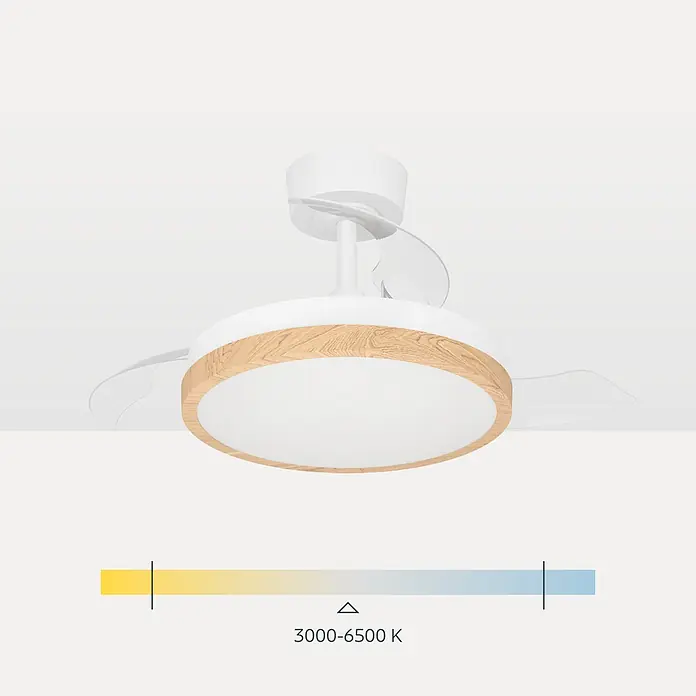 Eglo Deckenventilator Malpica - Weiß, Eiche, 77 cm - Weißer Deckenventilator mit LED-Leuchte in Holzoptik und transparenten Flügeln. Einstellbare Farbtemperatur (3000-6500 K).