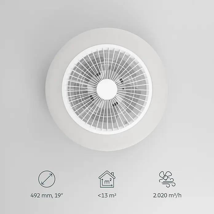Eglo Deckenventilator Windley - 18 W, Weiß, Durchmesser: 51 cm - Runder hellgrauer Deckenventilator mit weißem Schutzgitter, bündig an der Decke montiert.