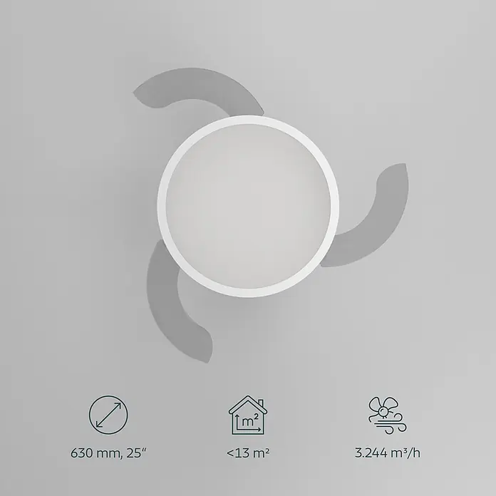 Eglo Deckenventilator Malpica - Weiß, 63 cm - Weißer Deckenventilator mit drei grauen Rotorblättern und Produktdaten: 630mm, <13m², 3.244m³/h.