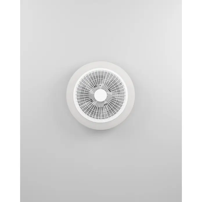 Eglo Deckenventilator Salvador - Weiß, 46 cm, 17,6 W, Warmweiß - Weißer runder Ventilator mit Schutzgitter, von oben gesehen.
