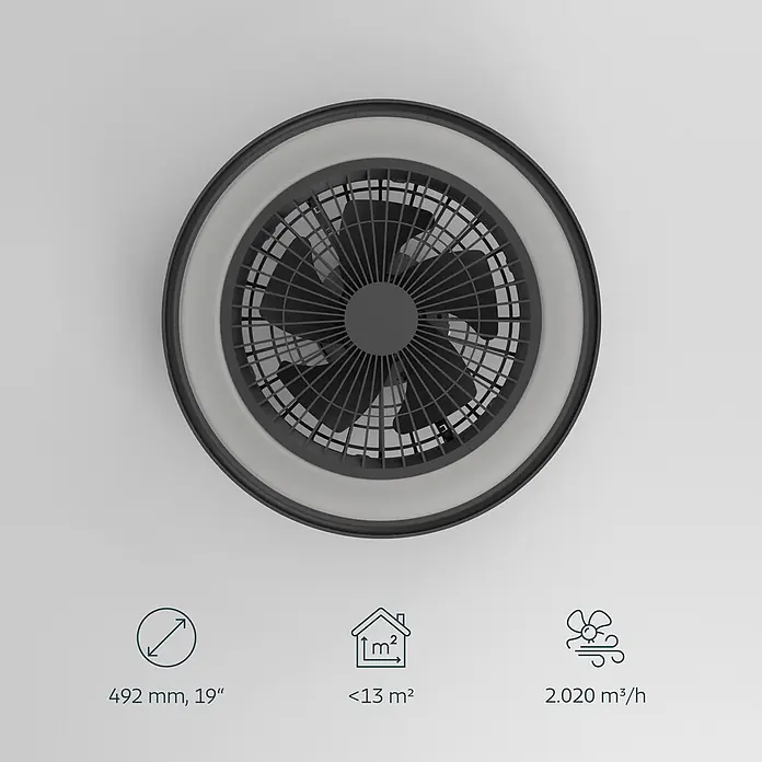 Eglo Deckenventilator SintAndré - Schwarz, 51 cm - Dunkelgrauer runder Deckenventilator mit integriertem Licht, Flügel sichtbar.