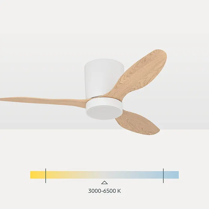 Eglo Deckenventilator Baracarès - Weiß, Eiche, 106 cm - Weißer Deckenventilator mit Holzoptik-Flügeln und einstellbarem LED-Licht (3000-6500K).