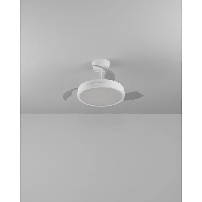 Eglo Deckenventilator Malpica - Weiß, 77 cm - Weißer Deckenventilator mit versenkbaren transparenten Flügeln und integrierter runder LED-Leuchte, an der Decke montiert.