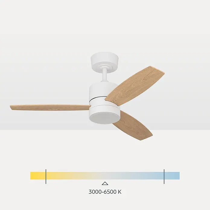 Eglo Deckenventilator MANDAREE - Durchmesser: 106 cm, Weiß, Eiche, Mit Leuchtmittel, LED - Weißer Deckenventilator mit Holzflügeln und integriertem Licht, 3000-6500K einstellbare Farbtemperatur.
