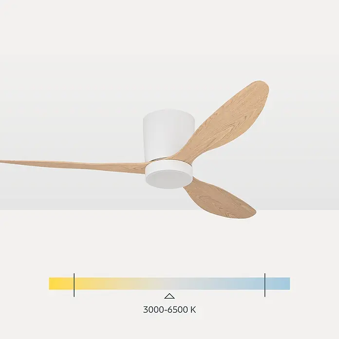 Eglo Deckenventilator Baracarès - 32 W, Durchmesser: 132 cm, Weiß, Eiche, Mit Leuchtmittel, LED - Weißer Deckenventilator mit drei Holzflügeln und integriertem Licht, Farbtemperatur 3000-6500K.