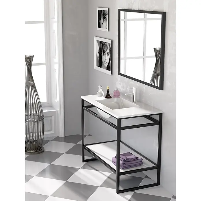 Lavabo París - 70 x 46 cm, Blanco - Mueble de baño moderno con lavabo blanco integrado, estructura de metal negro y estante abierto con toallas.