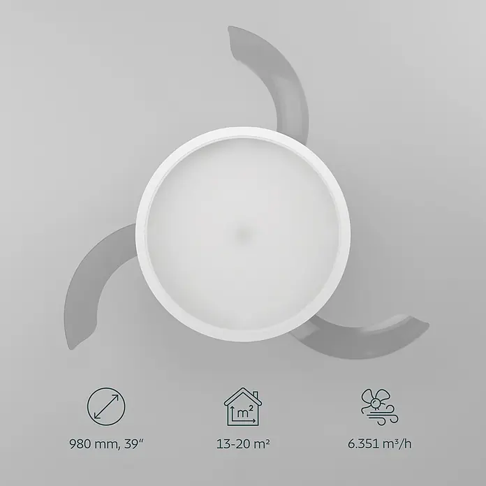 Eglo Deckenventilator Malpica - Weiß, 98 cm - Moderner weißer und grauer Deckenventilator mit integriertem LED-Licht, abgebildet mit Symbolen für Größe, Raumfläche und Luftstrom.