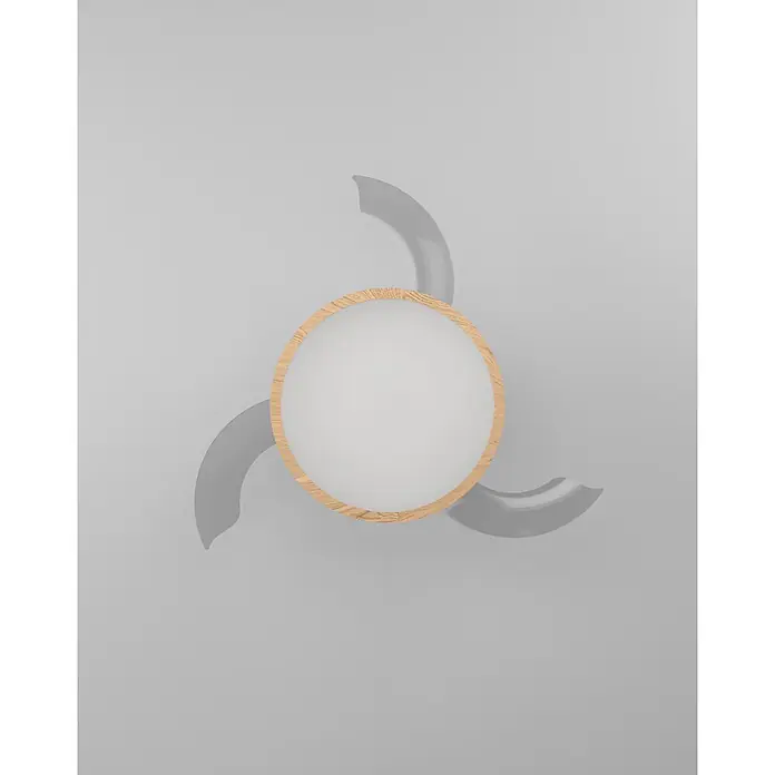 Eglo Deckenventilator Malpica - Weiß, Eiche, 77 cm - Moderner Deckenventilator mit weißer Leuchte, Holzrand und drei grauen Flügeln.