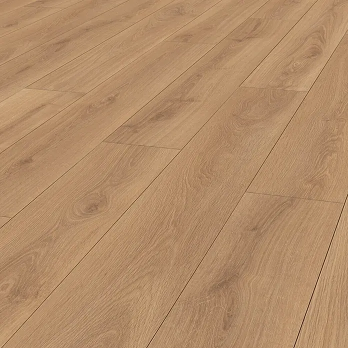 Krono Original Laminatmuster Atlantic 8 - Natural Parioli Oak, 297 x 195 x 8 mm, Landhausdiele - Hellebraune Holzfußbodenbretter mit natürlicher Eichenmaserung.
