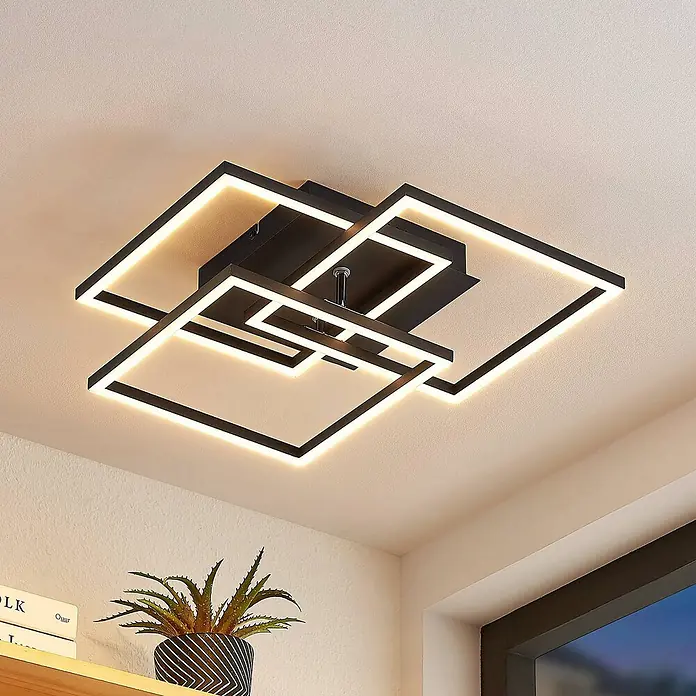 Lindby Deckenleuchte Qiana - schwarz, schwarz - Schwarze, moderne LED-Deckenleuchte mit verschlungenem quadratischem Design an der Decke.