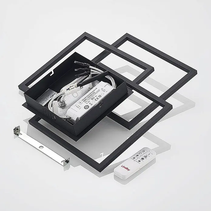 Lindby Deckenleuchte Qiana - schwarz, schwarz - Demontierte schwarze LED-Deckenleuchte mit quadratischen Rahmen, Elektrik, Montagehalterung und Fernbedienung.