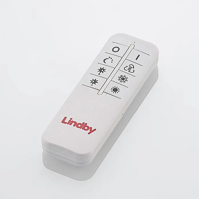 Lindby Deckenleuchte Qiana - schwarz, schwarz - Weiße Lindby-Fernbedienung mit verschiedenen Tasten für Licht- und Ventilatorfunktionen.