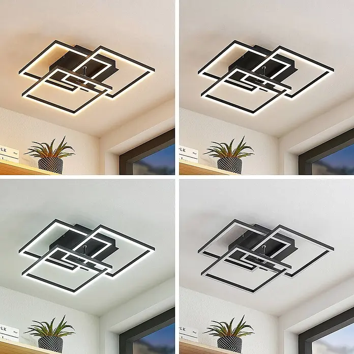 Lindby Deckenleuchte Qiana - schwarz, schwarz - Moderne schwarze LED-Deckenleuchte mit ineinandergreifendem quadratischem Design, an der Decke montiert, zeigt verschiedene Lichtfarben.