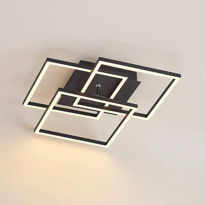 Lindby Deckenleuchte Qiana - schwarz, schwarz - Moderne schwarze LED-Deckenleuchte mit ineinandergreifenden geometrischen Quadratrahmen in Warmweiß.
