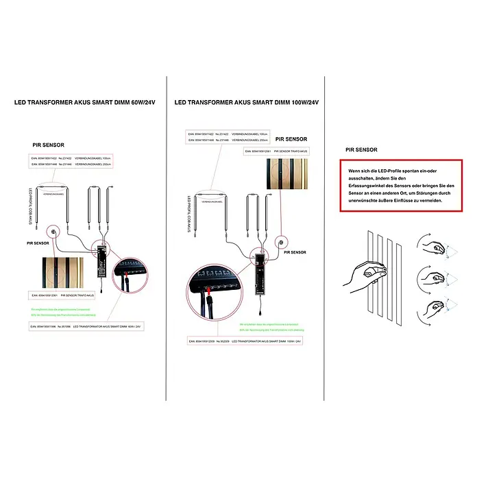 Direct Signs Sensor Akus Pir Trafo - Schwarz - Schaltplan eines LED-Trafos mit PIR-Sensor und LED-Profilen, inklusive Anleitung zur Einstellung des PIR-Sensors für optimale Funktion.