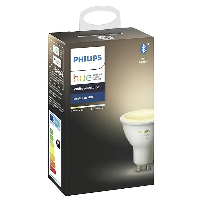 Philips Hue Bombilla LED inteligente - GU10, Intensidad regulable, Blanco cálido, 350 lm, 5,7 W - Una bombilla individual Philips Hue White Ambiance GU10 en su embalaje. Esta bombilla LED inteligente proporciona una iluminación confortable en toda su casa.