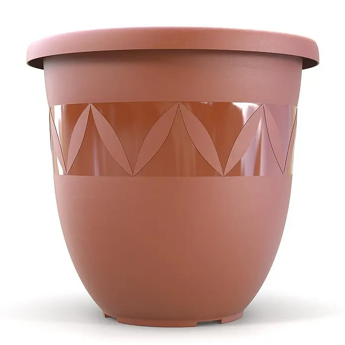 Plastard Pflanztopf Capri 5er Set - Außenmaß (Ø x H): 27 x 22 cm, Kunststoff, Terrakotta - Terrakottafarbener Kunststoff-Blumentopf mit einem durchscheinenden Zierband und geometrischem Muster.