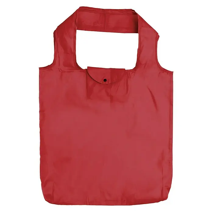 Einkaufstasche faltbar - L x B: 60 x 40 cm, Polyester, Rot - Eine rote Einkaufstasche aus Stoff, die sich zusammenfalten lässt und mit einem Knopf verschlossen wird, um sie kompakt zu halten.