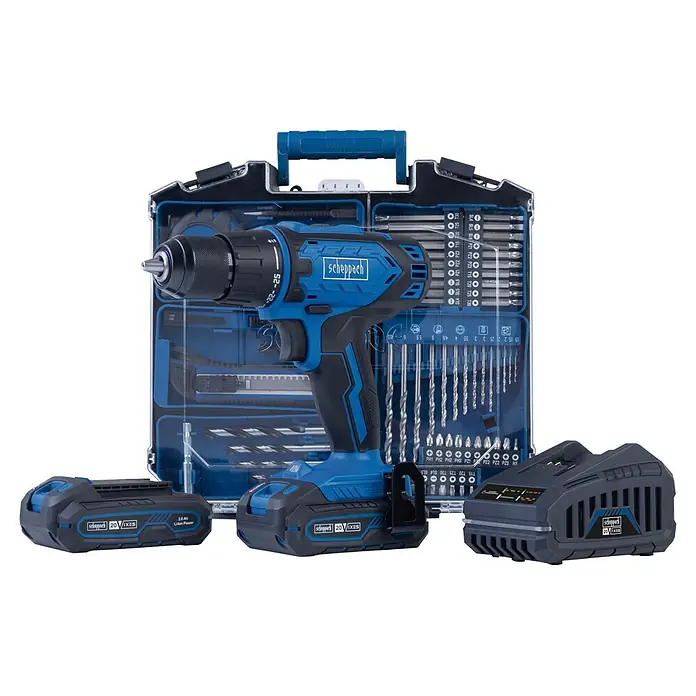 Scheppach IXES 20V Akku-Bohrschrauber-Set Mobile Werkstatt C-DTB74/2-x - 20 V, 2 Akkus, 2 Ah, 50 Nm, 79 -tlg. - Ein blau-schwarzes Akku-Bohrschrauber-Set mit Bohrmaschine, zwei Akkus, Ladegerät und einem Koffer mit Bohrern und Schrauberbits.